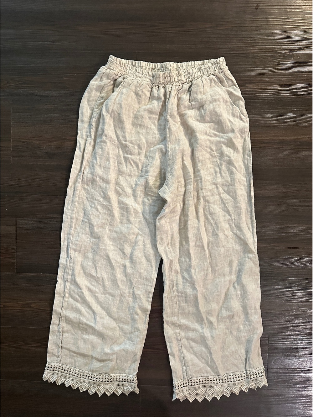 Spighe Di Lino Small Linen tan Leg Pants Women's White Crochet Lace Hem Italy